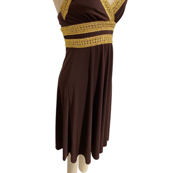Vintage Eliza J. New York Brown & Gold Halter Dress With Crochet Detailing - Picture 5 of 8